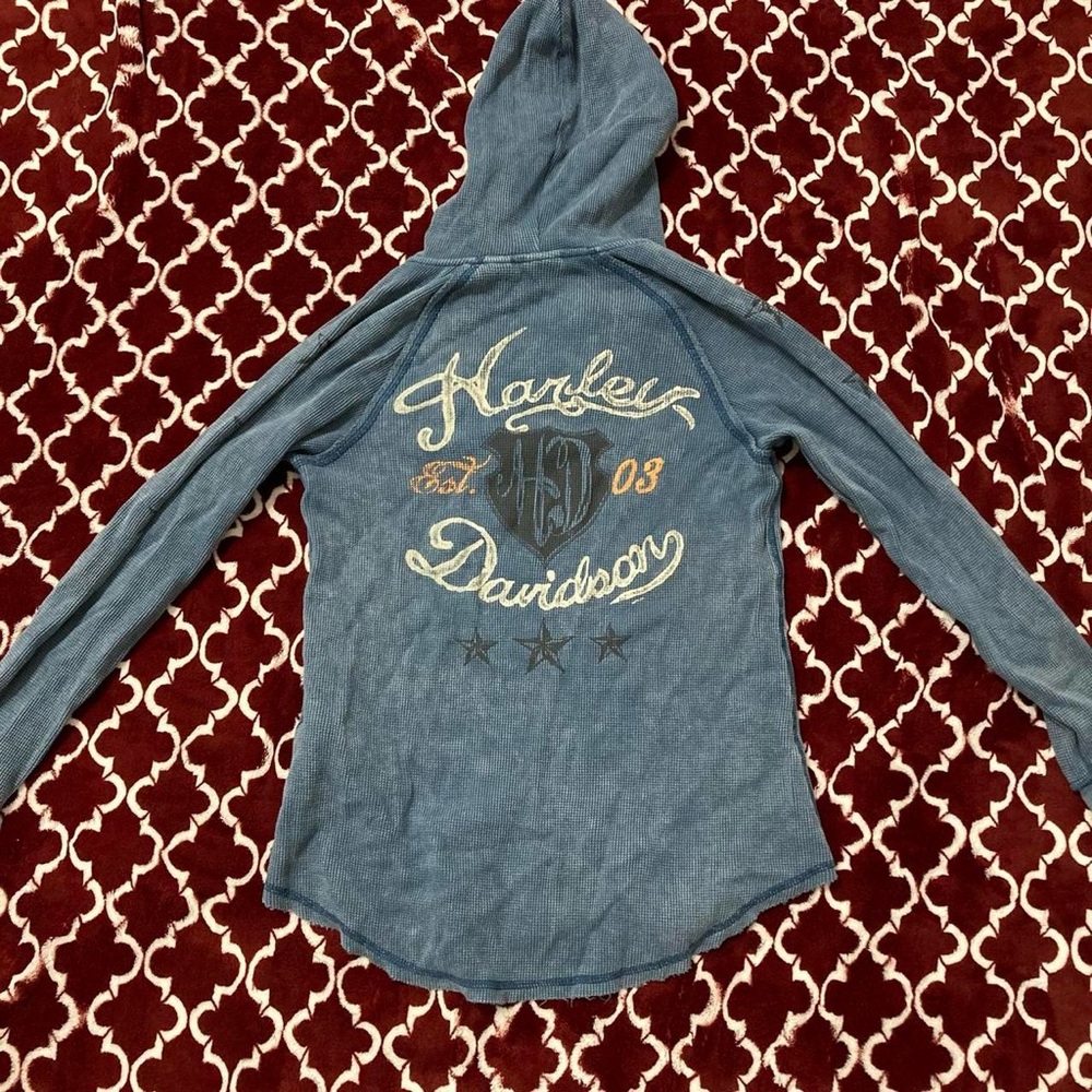 Harley Davidson blue distressed thermal waffle knit long sleeve hoodie